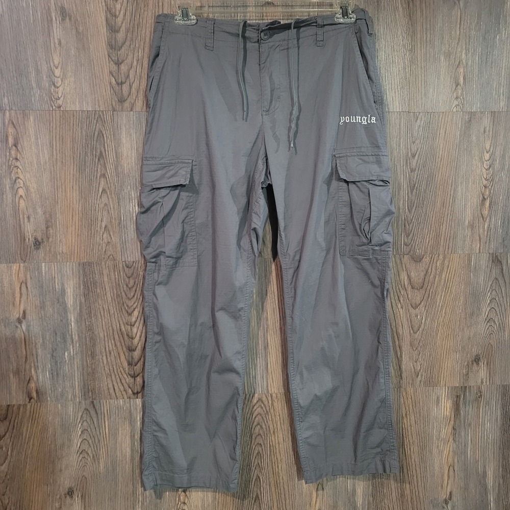 Youngla Cargo Pants Size M x 28 Gray Straight Leg Streetwear Embroidered Pockets